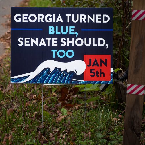 A political sign, seen in the front yard of a home in the Midway Woods neighborhood of Decatur, Georgia, USA on November 29, 2020.